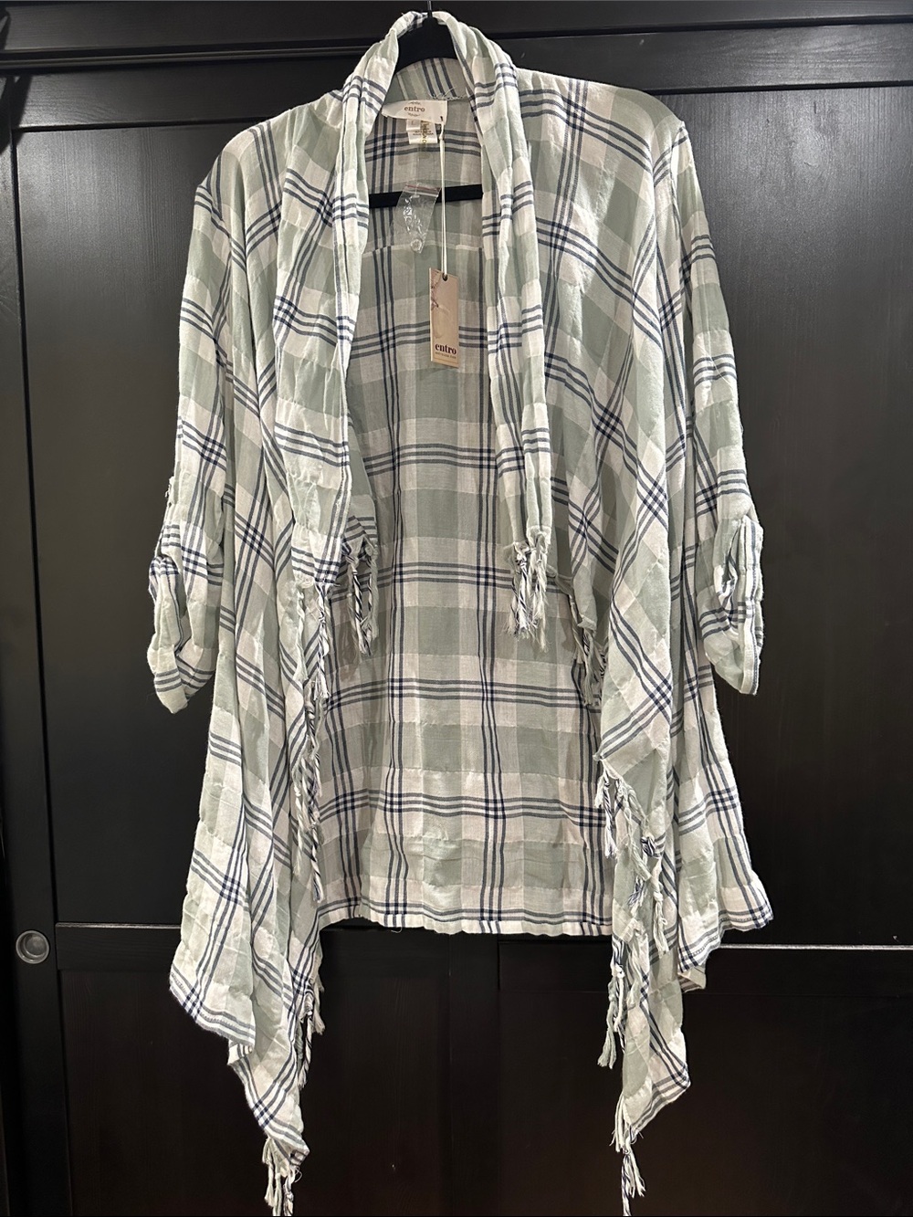 entro Sage Plaid Open-Front Fringe Cardigan *new with tags